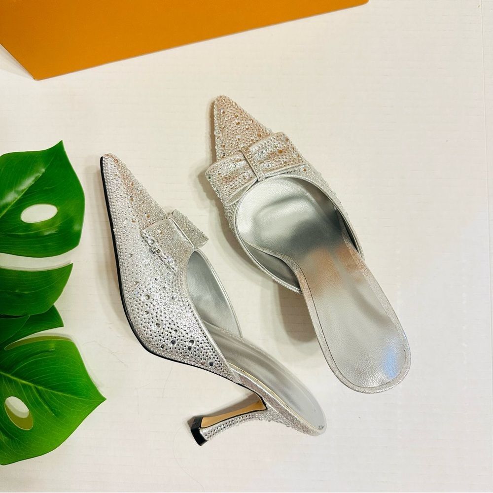 Rhinestones Crystals Heeled Mules With Bow Slip On Dress Shoes Womens Sz 6 NEW - Picture 3 of 16